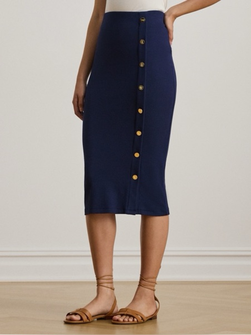 FRNCH Navy Ribbed Button-Front Midi Skirt